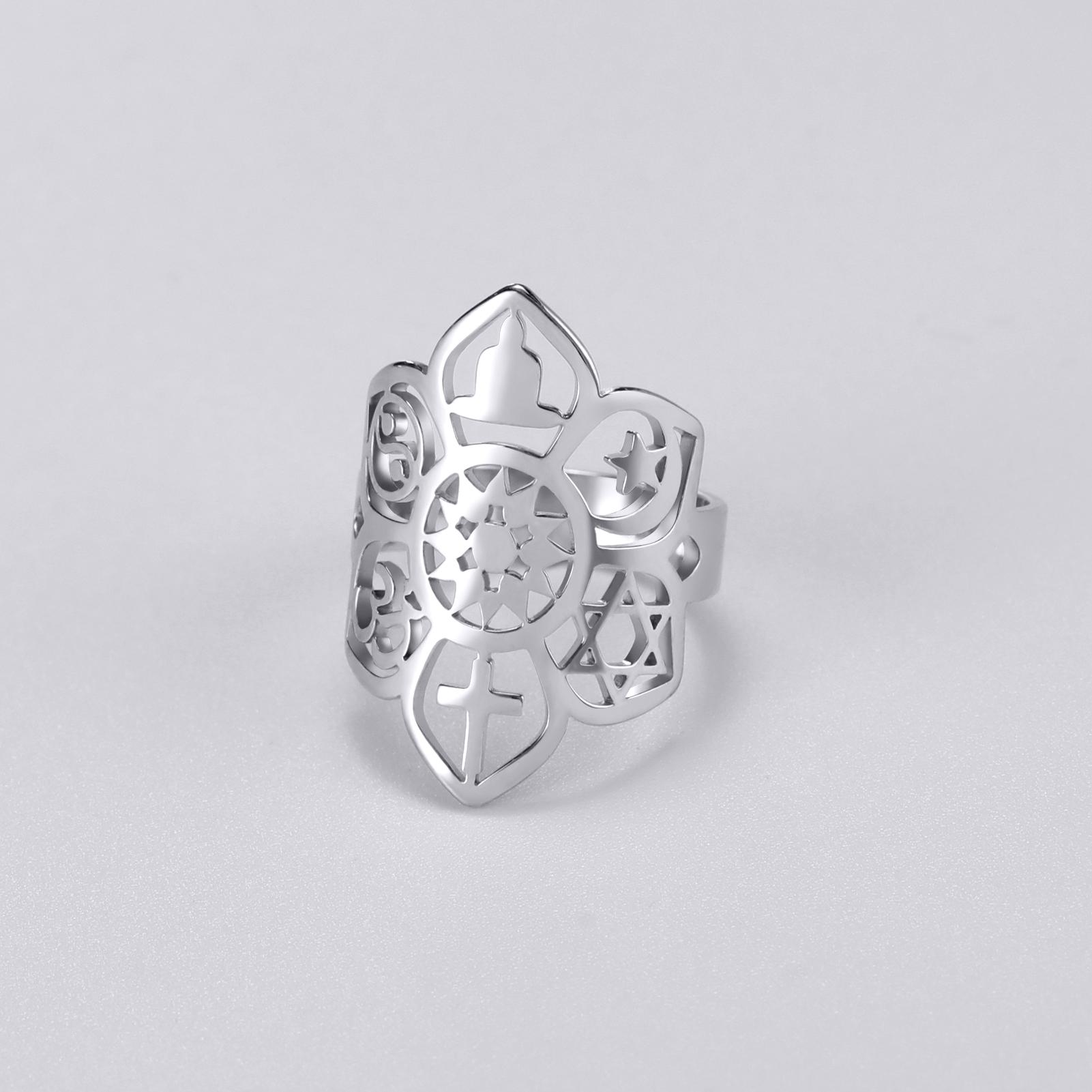 

LIKGREAT Stainless Steel Lotus Flower Ring Moon Star Yoga Cross Star of David YinYang Symbol Rings Spiritual Amulet Jewelry resizable