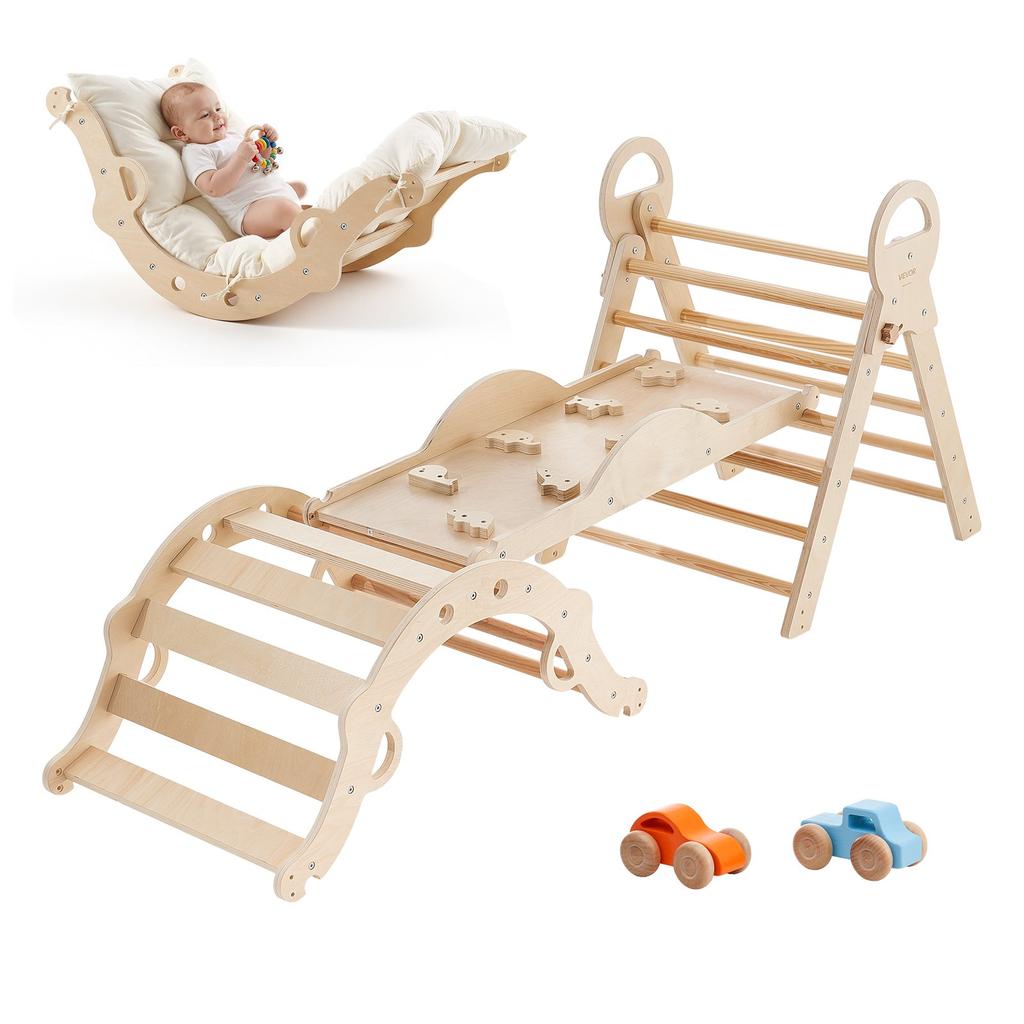VEVOR Pikler Triangle Set, 9-in-1 Toddler Climbing Toys Indoor, with 2 Wooden Cars, Cushion, Triangle, Arch, and Ramp, 68 kg Load