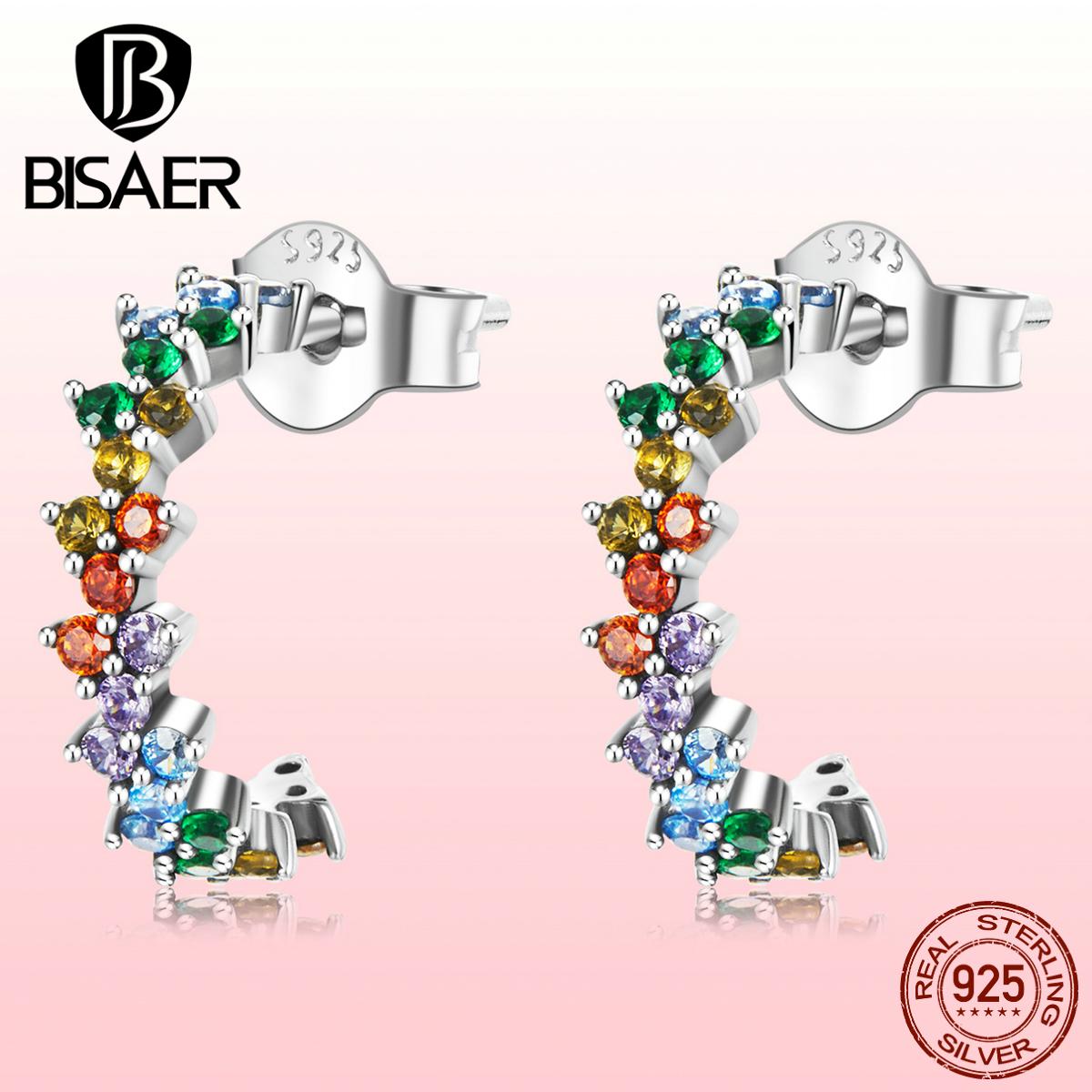 

BISAER стерлингового серебра 925 пробы изысканные изогнутые серьги-гвоздики с цветным цирконом для женщин, ювелирные изделия Earring