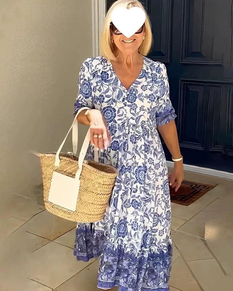 2025 Summer Tie-Dye Floral Print Commute Dress 4XL синий