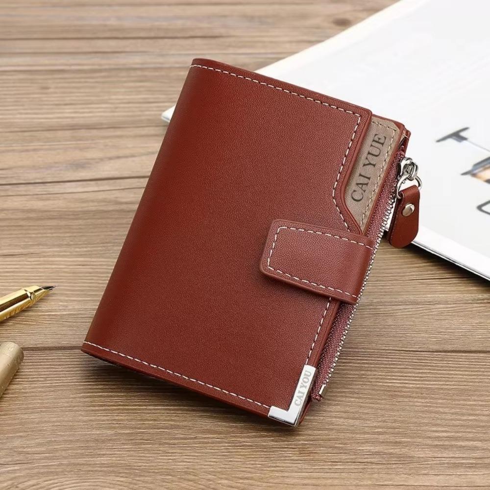Luxury Short Men Tri- Fold Wallets PU Leather Buckle Coin Purse Multifunctional with Zipper Photo Card Holder Male Clutch