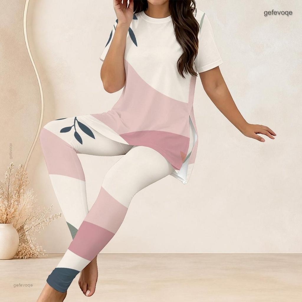 Women Plus Size Two Piece Set Round Neck Short Sleeve Geometric Printed Top And Long Pants