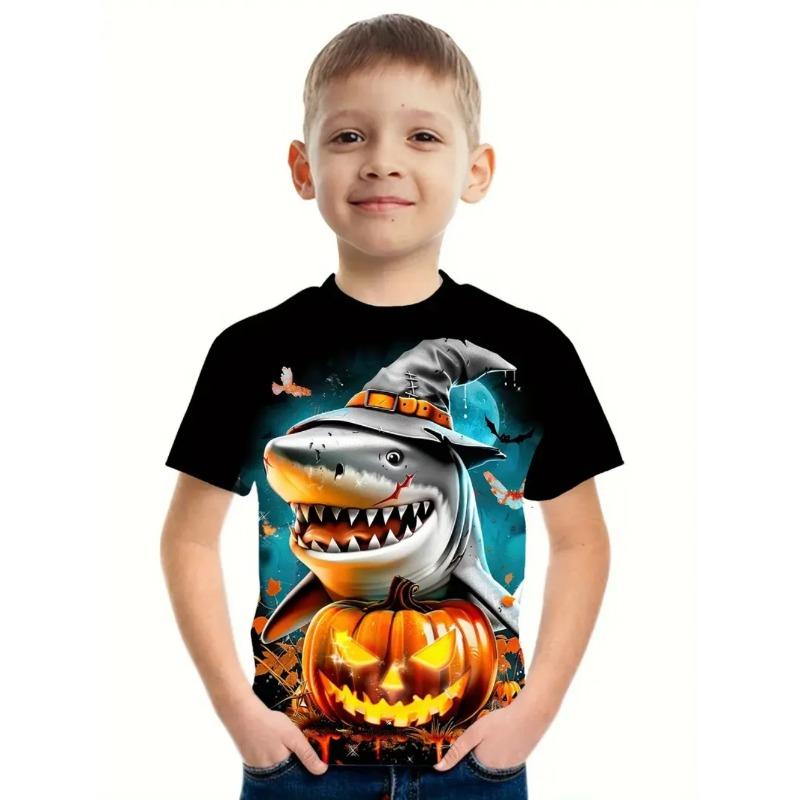 Round Neck 3D Pumpkin Animal Printed T-shirts Short Sleeved Children's Boy T-shirts - Soft Medium Stretch Polyester Fabric Summer Relaxed Fit Clothing