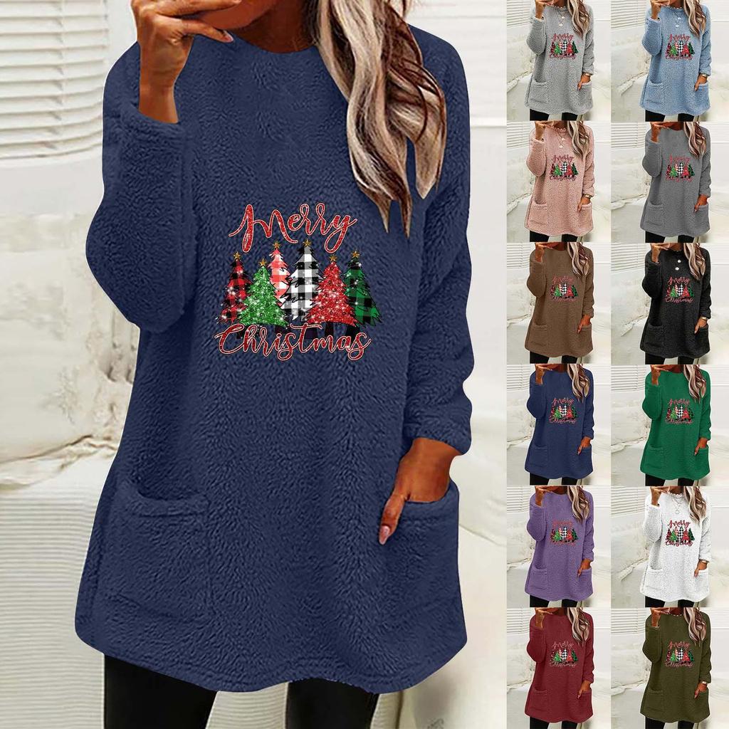 Women's Christmas Tree Print Plush Hoodie - Round Neck, Long Sleeve, Loose Fit, with Pockets. Perfect for Autumn/Winter.