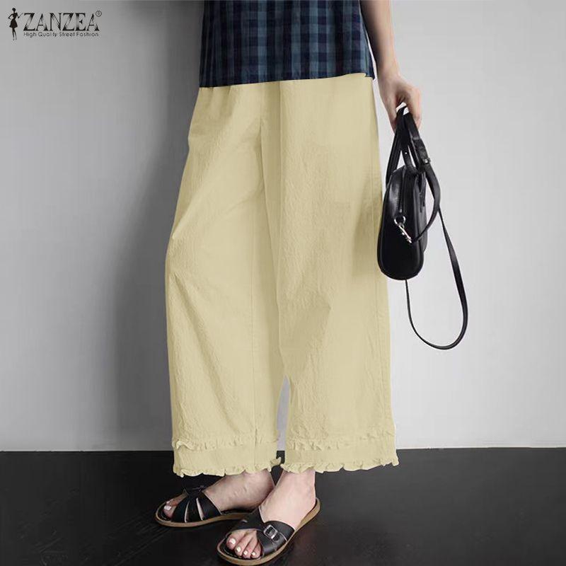 ZANZEA Damen Lässige Elastische Taille Lockere Cropped Hose