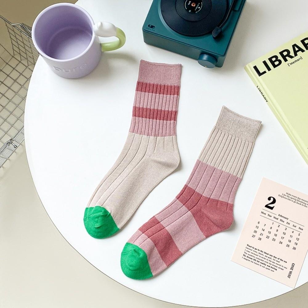 A Pair Stripes Mid Tube Socks Warm Womens Crew Socks Durable Cotton Socks  At All Seasons