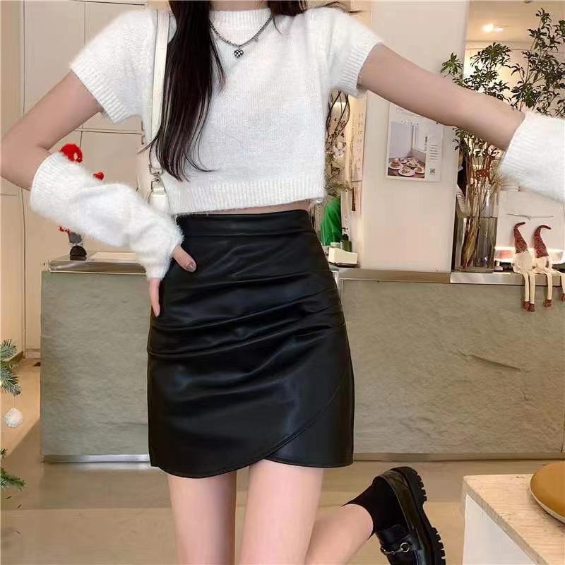 2024 Autumn/Winter Plus Size High Waist Pleated Leather A-line Midi Skirt - Women's Fashion Slimming Irregular Hip-hugging Design