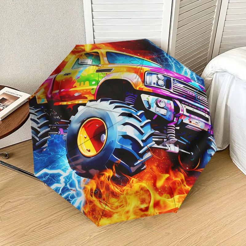 1pc Monster Truck Fire Pattern Umbrella Design Automatic Opening and Closing Umbrella, High-quality Travel Umbrella,  c1128244