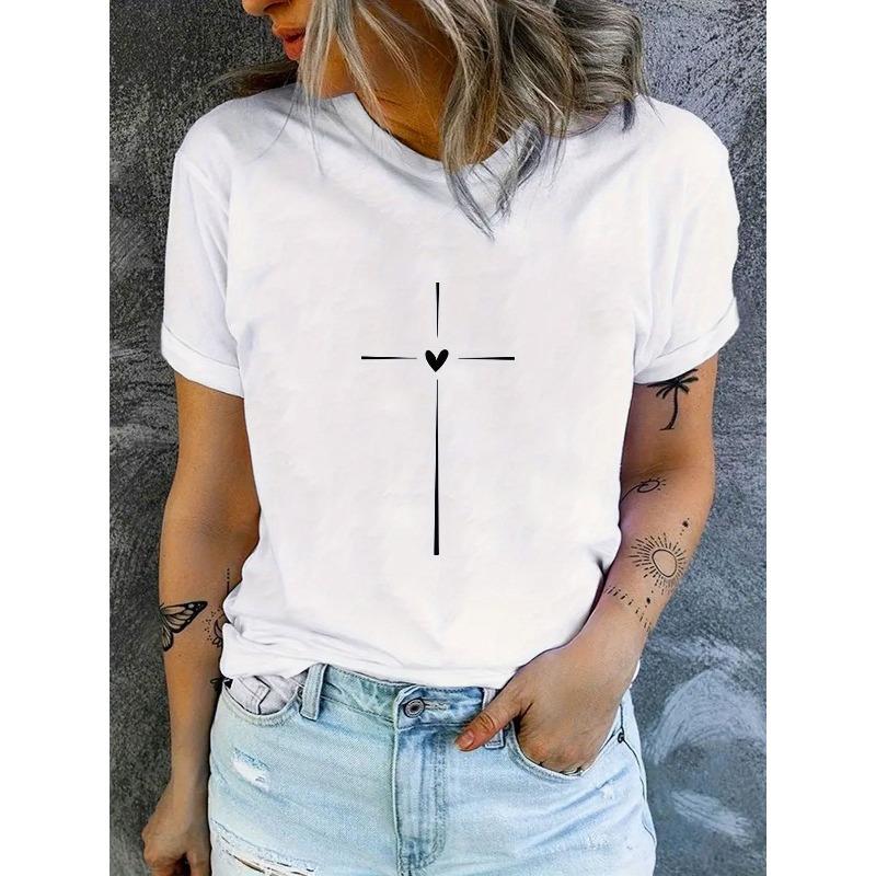 European Size Womens Cross Heart Print Short Sleeve Casual Round Neck T Shirt