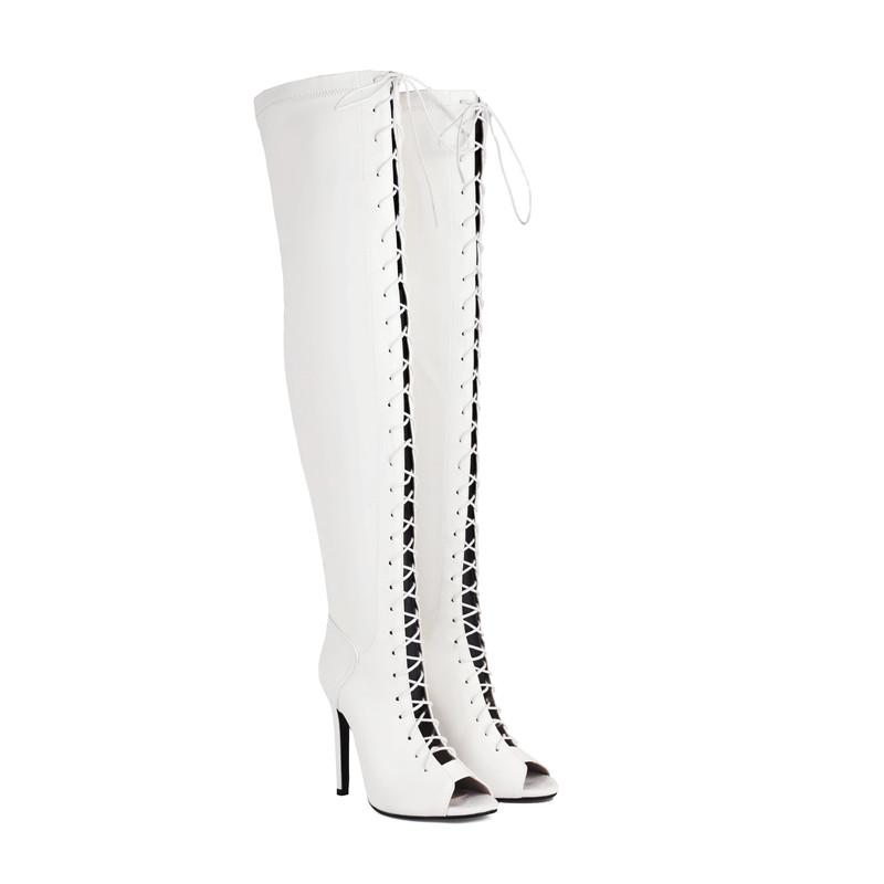 

Женские крутые ботильоны на высоком каблуке в европейском и американском стиле, новые весенне-летние, на тонком каблуке, с вырезами, большого размера, с открытым носком, до колена, крутые ботильоны 48