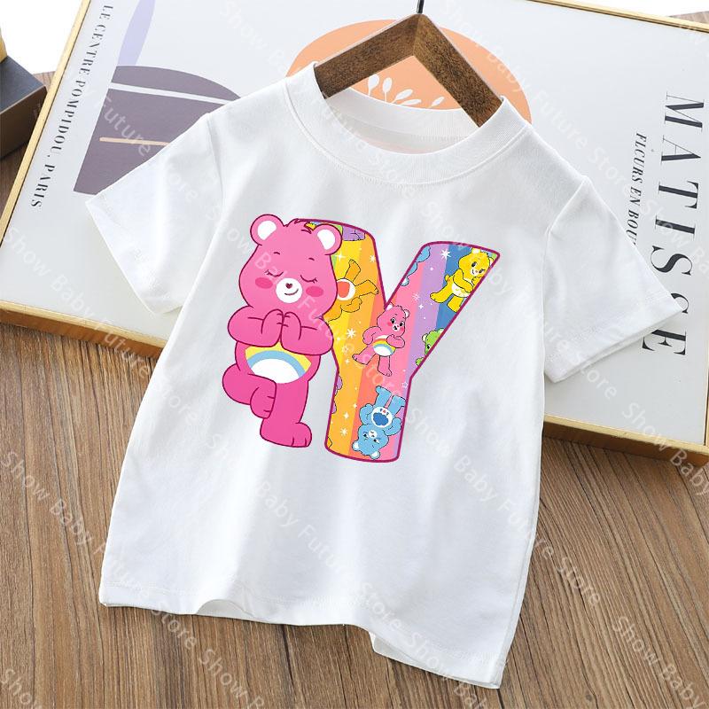 Care Bears Letter AZ T Shirt for Boys Girls Cartoon Name Clothes Tops Summer Breathable Cute Anime Short Sleeve Birthday Gifts