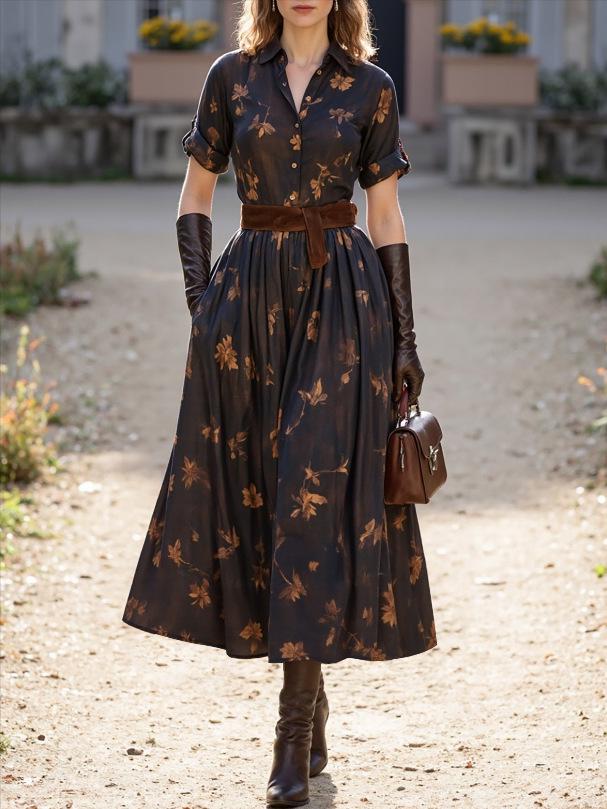 2026 European and American Retro Casual Waist-Cinching Short-Sleeve Women s Dress S