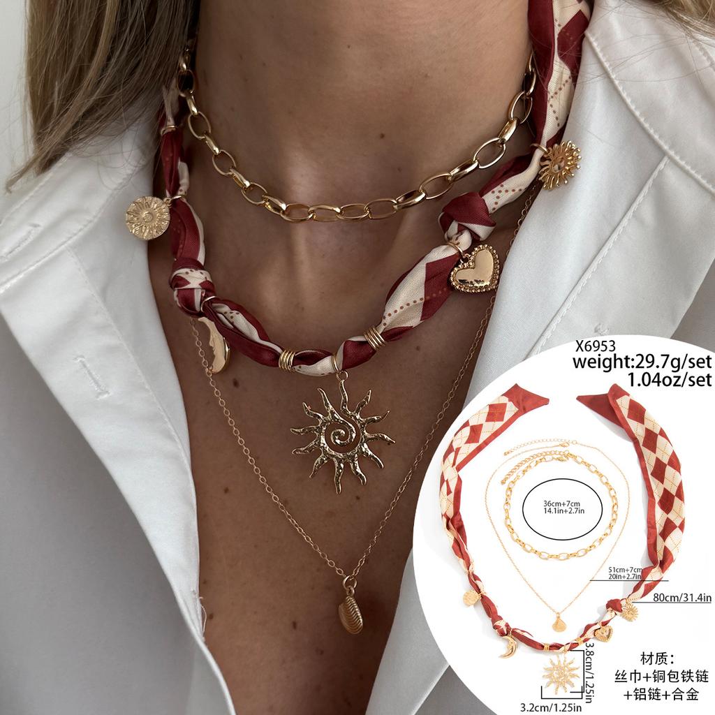 1SET European and American vacation ins shell starfish silk scarf stacked necklace, niche exotic love flower item jewelry women