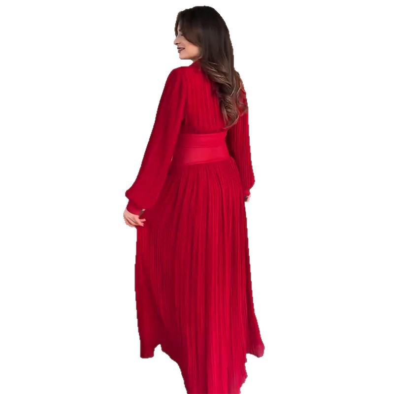 Women's Fashion Solid Color Long Sleeve Polo Collar Button Pleated Dress