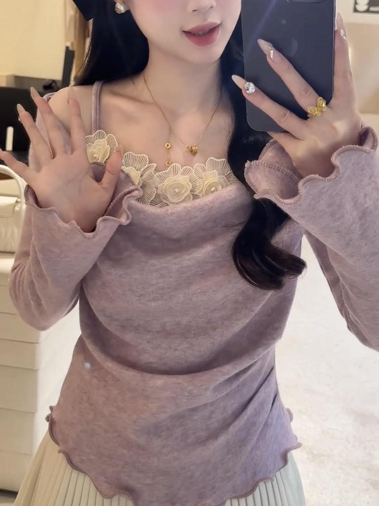 Purple Off-Shoulder Long-Sleeve Slim-Fit Knit Camisole for Women