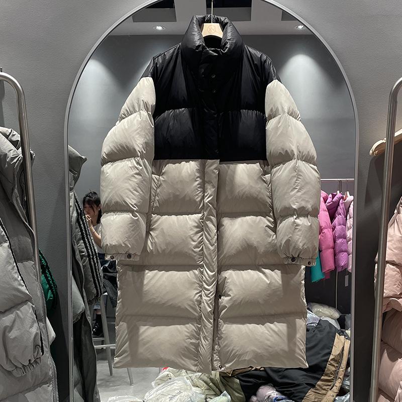 Contrast color down jacket women's medium and long autumn and winter new loose thickened stand-up collar white duck down jacket tide