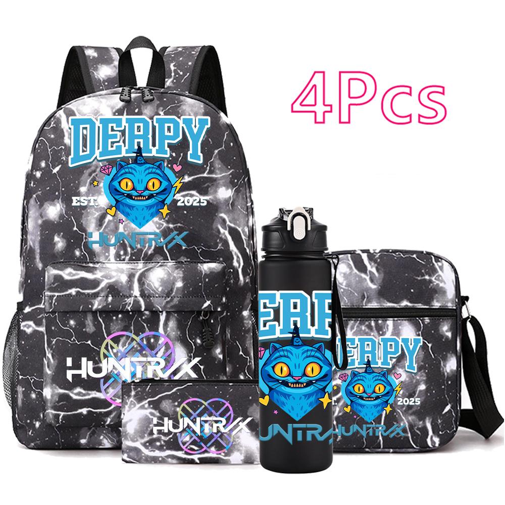 4Pcs/set Anime K-Pop Demon Hunters Printed Backpack Bookbag Shoulder Bag Case Bag with 750Ml Water Bottler for Boy Girl Large Capacity Schoolbag