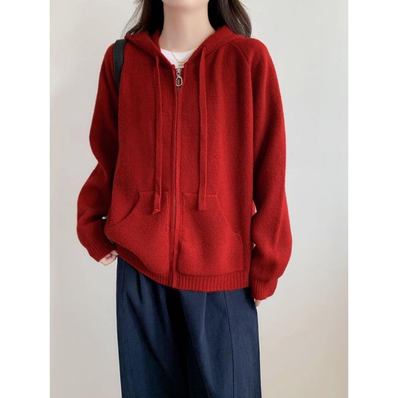 New Solid Color Lazy Wind Hooded Zipper Knitted Cardigan Casual Drawstring Sweater Thick Coat Women