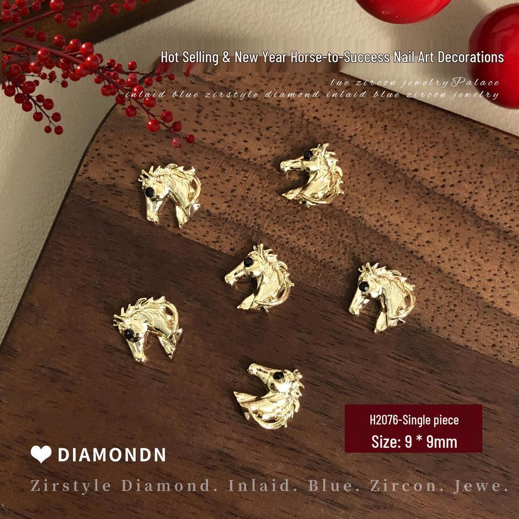 2026 New Year Little Horse Nail Art Decorations - Gold, Silver, and Red Rhinestone Press-on Nail Accessories