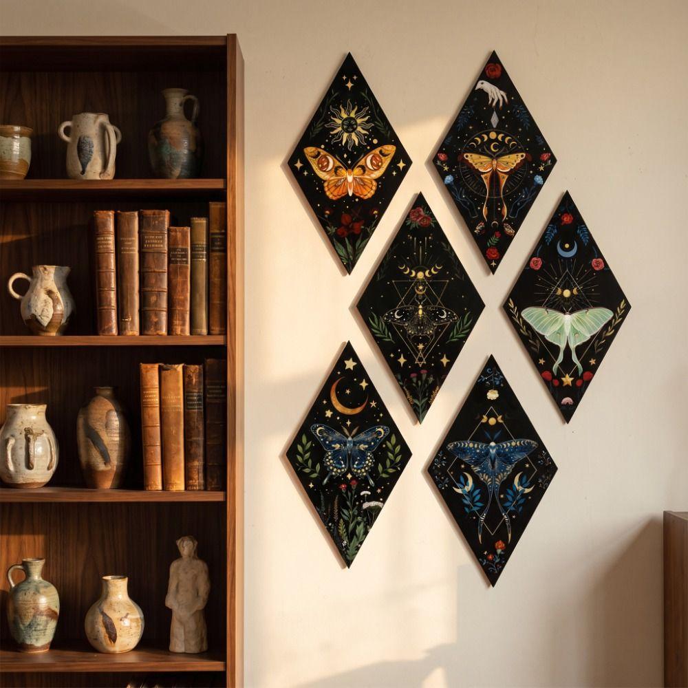 Aesthetic Sun Moon Wooden Wall Decor Dark Style Flower Butterfly Wall Decor Boho Rhomboid Shape Wall Art Sign Bedroom