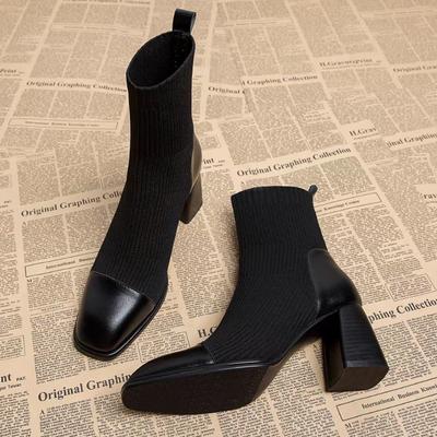 High Heels Women Snow Ankle Boots Designer Square Toe Shoes Fashion Knitting Sock Boots Winter 2024 Trend Goth Zapatillas Mujer