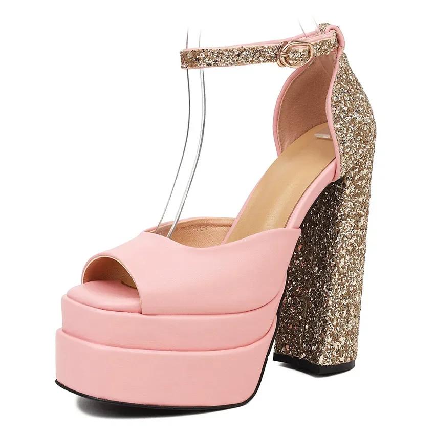 Elegante Hochzeitsfeier Club Damen Plateau Sandalen Hohe Dicke Absätze Rosa Rosig Bling Mikrofaser Patchwork Sommer Knöchelriemchen Schuhe