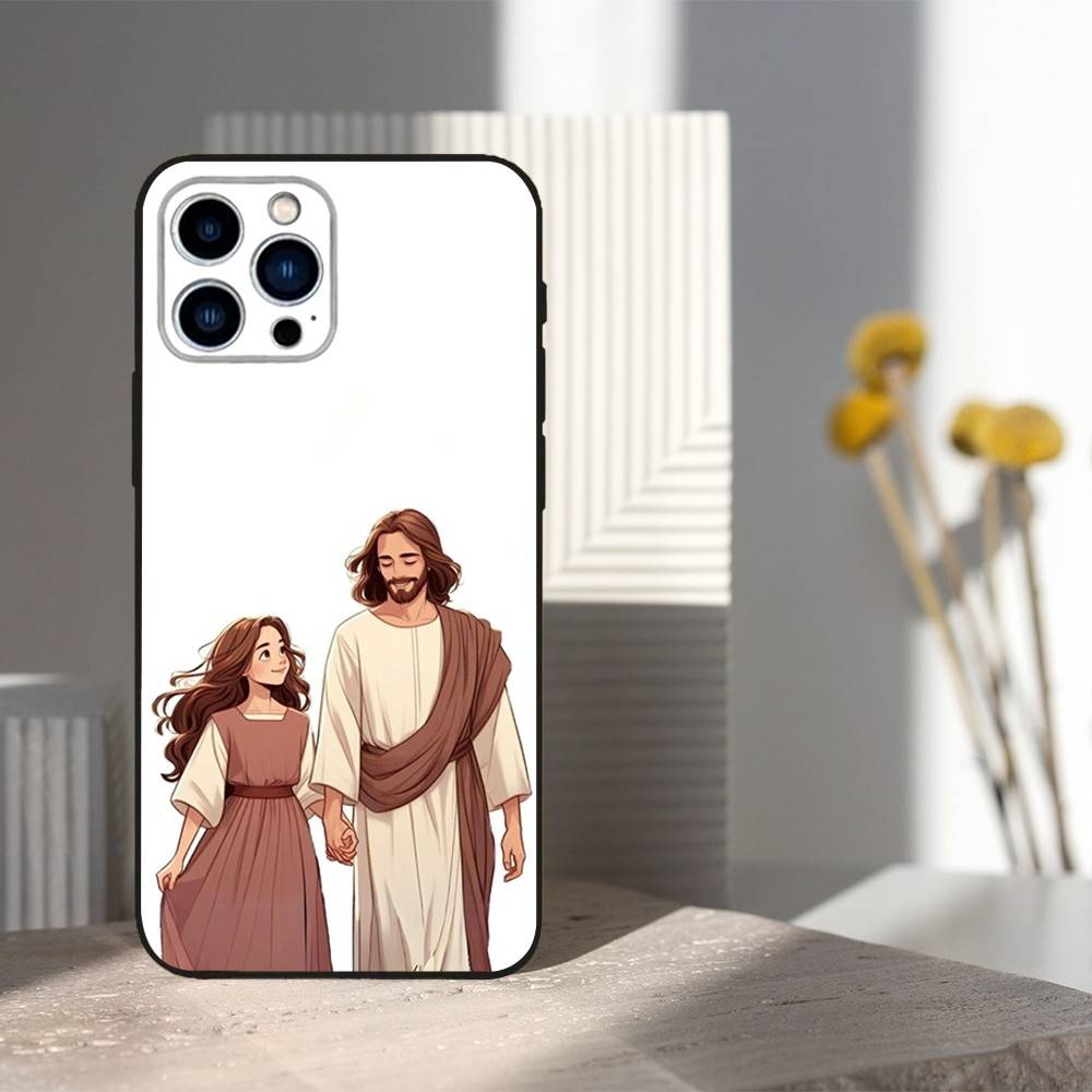 Funny Jesus Girl Cartoon Case For iPhone 12,14,15,16,17,13,11,X,Mini,Plus,Pro Max,8,7,XR,SE,XS,Soft Silicone Black