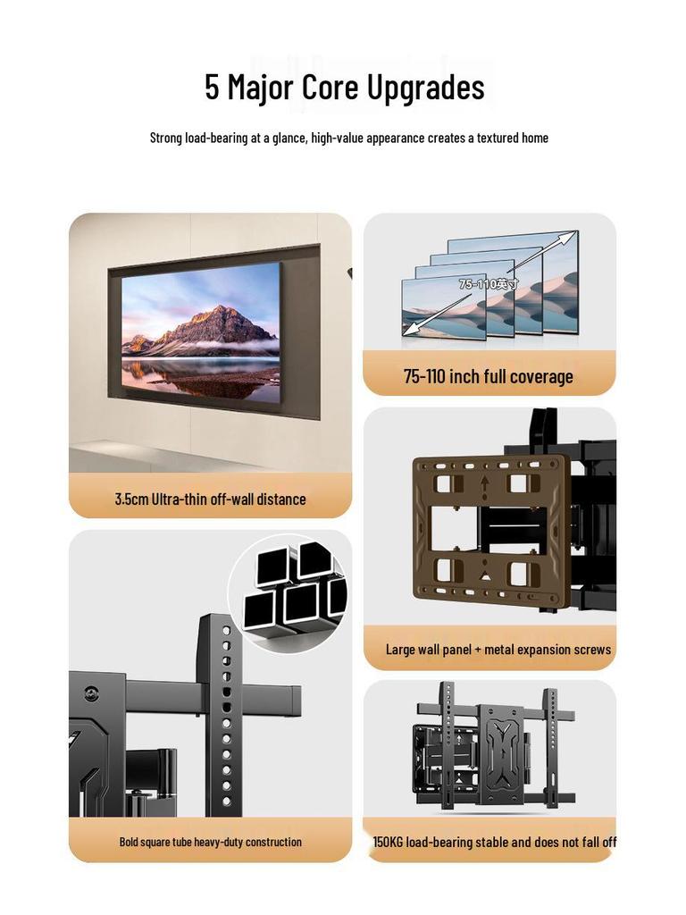 Ultra-Thin Rotating Wall Mount for 32-110 Inch TVs: Movable, Retractable, Stable, Heavy-Duty