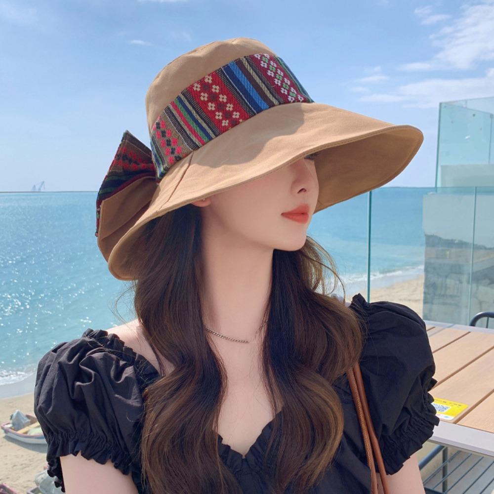 Ethnic Style Women's Sun Hat Solid Color Wide Brim Bucket Cap Simple Bowknot Fishmen Hat  Girl