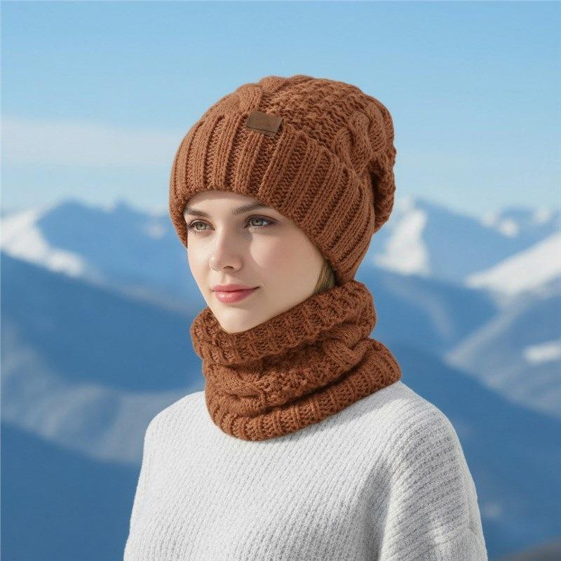 Autumn and winter warm knitted hat scarf set women's ear protectors wool hat outdoor windproof warm headgear solid color versatile