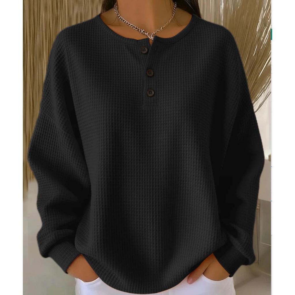 Women's Crew Neck Long Sleeve Waffle Knit Henley Top Loose Fit Casual Sweatshirt