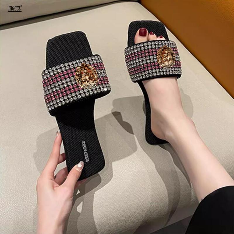 Luxury diamond slippers women wear summer new fa shion flat bottom net red rhinestone flip-flops fashio slipper sandle T21