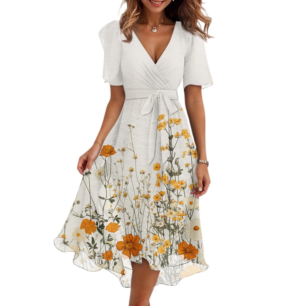 Women's Fashion Casual V Neck Short Sleeve Ruffled Vintage Printed Dresses