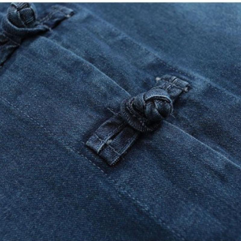 Ensemble Denim Grande Taille à Col Montant, Splicing Style Ethnique Femme, Ensemble Jean Deux Pièces Boucle Ample et Tendance