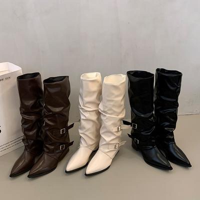 Pleated Retro Western Boots Women's New Fashion Casual Thick Heel Medium Boots Women's Knee Knight Boots
