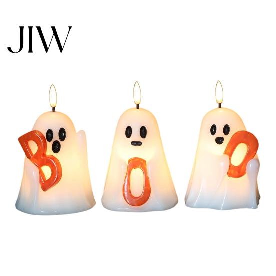 Halloween Tischdekoration Geister-Kerze ohne Flamme, Niedliche Teelicht-Halterung mit BOO-Buchstaben, Plastik-Boo-Schilder, Batteriebetriebenes LED-Flackerlicht