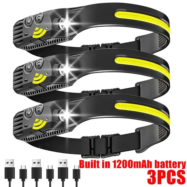 Induction Headlamp COB+LED Head Flashlight Built In Battery USB Rechargeable Outdoor Waterproof Camping Fishing Work Lantern
