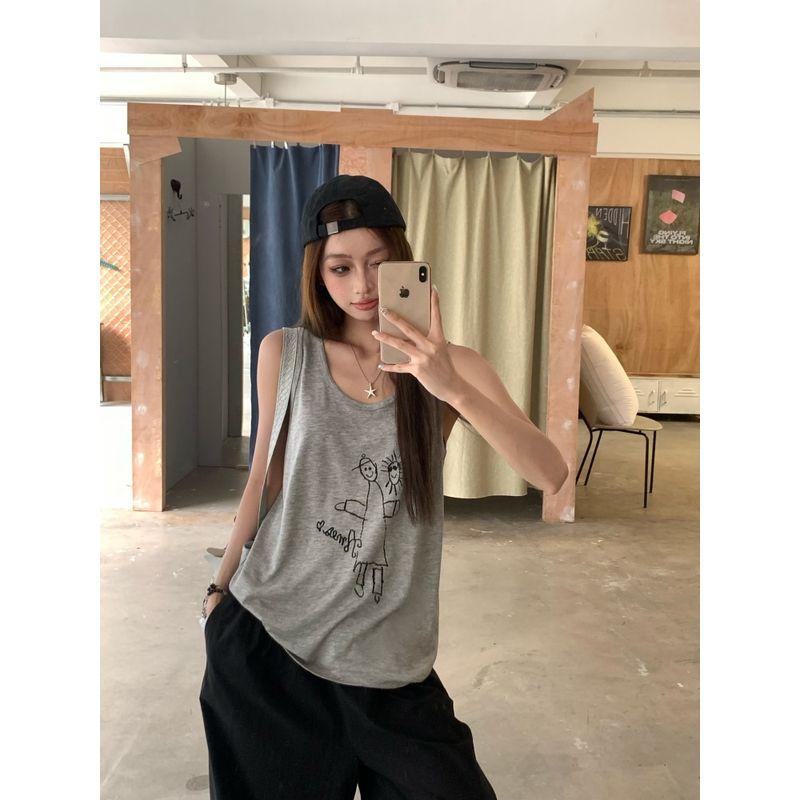 

Kumikumi Idle Style Gray Printing Vest Camisole Women s Summer Loose Slim Looking Casual Pants Pants Two-piece Set Gray vest M