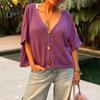 Damen-Oberteile, V-Ausschnitt, halbe Ärmel, Knopfleiste, Hemdoberteile, lockere Passform, einfarbig, lässiges Strickoberteil für den Sommer