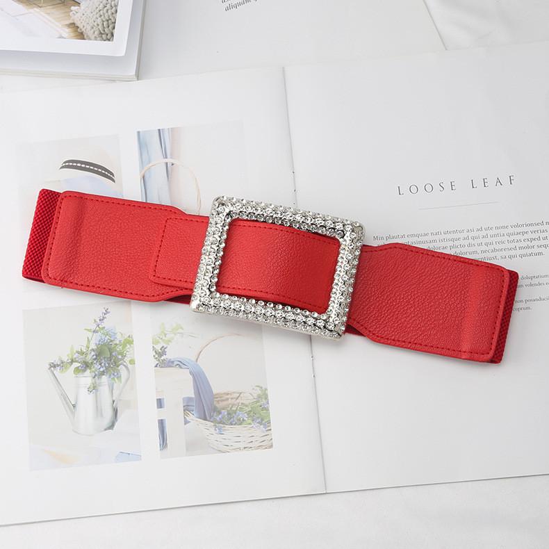 Wide Elastic Dress Waist Belt With Sparkling Rhinestones For Autumn Fashion Accessories красный