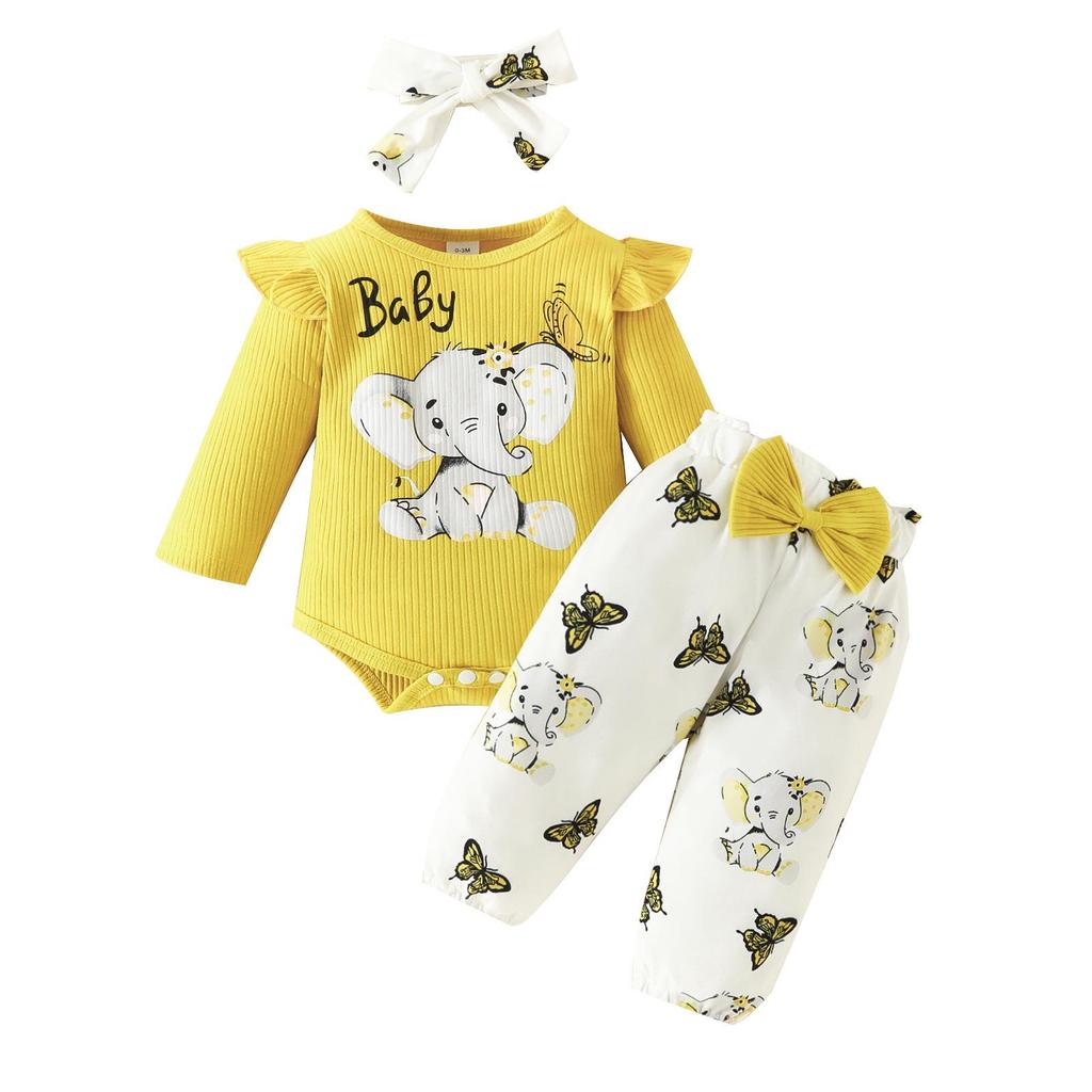 Set Bodysuit cu Mânecă Lungă și Pantaloni cu Fundiță Elefant Bebeluș