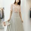 Style Latte Women Summer Chiffon Lovely Frill Pearl Button Short Sleeve Blouse