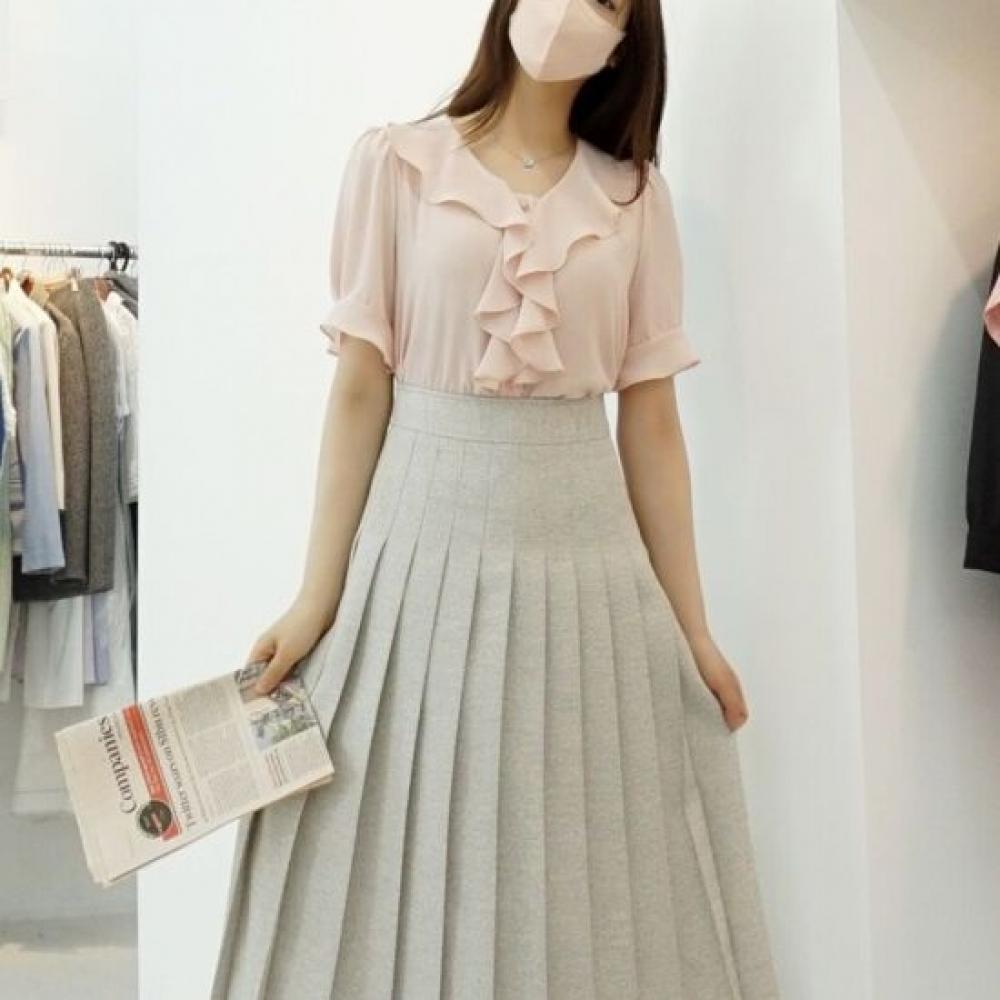 Style Latte Women Summer Chiffon Lovely Frill Pearl Button Short Sleeve Blouse