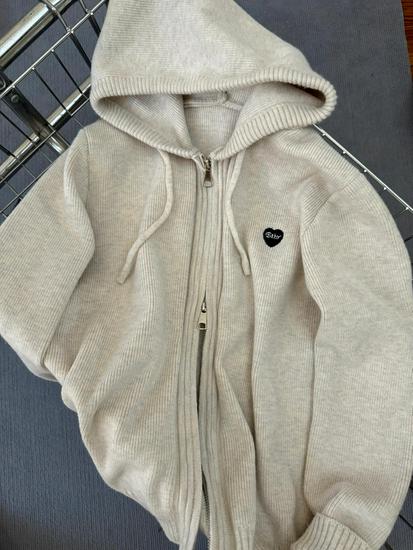 

Женский серый кардиган на молнии с капюшоном - Свитер крупной вязки для осени и весны S (75-90 jin)