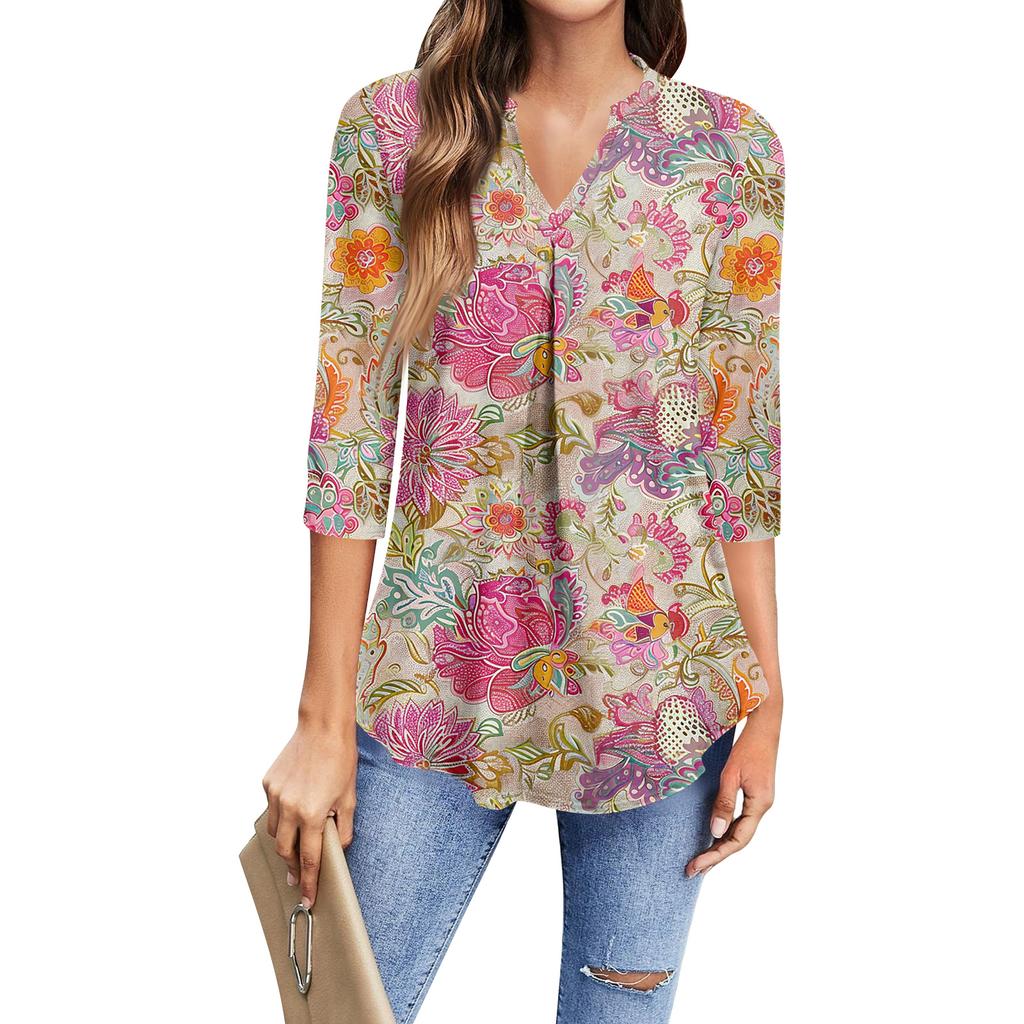 Damen Mode Lässiges Dreiviertelarm T-Shirt Bedrucktes V-Ausschnitt Top