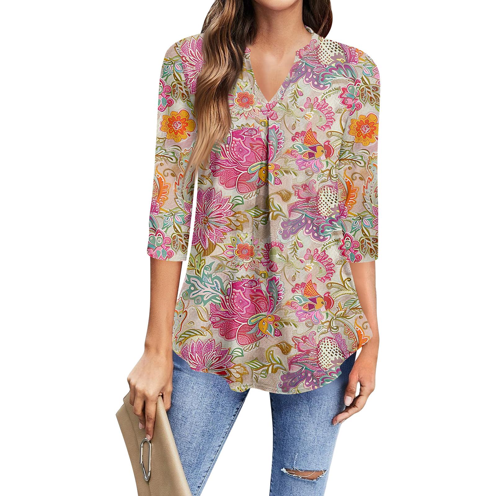 

Women s Fashion Casual Three-Quarter Sleeve T-Shirt Printed V-Neck Top S