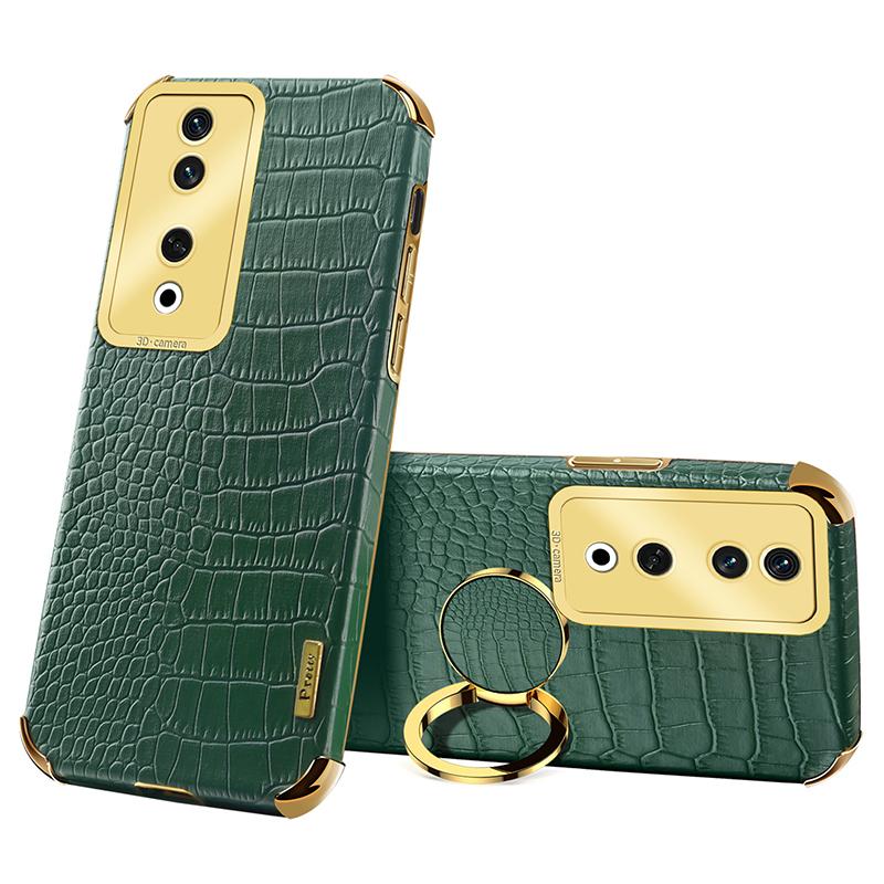 

For Honor 90 Case Crocodile Texture Leather+TPU Fall-proof Shell with Ring Kickstand Green
