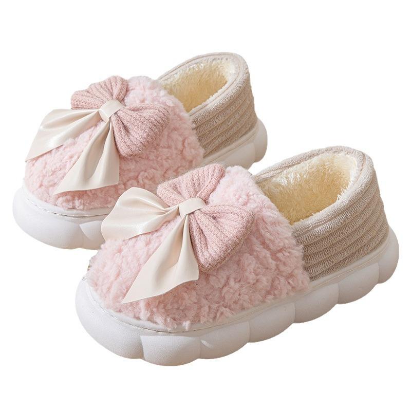 Bag Heel Cotton Slippers Women's Winter New Bow Cotton Drag Girl Velvet Warm Cotton Shoes Silent Wool Slippers