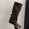 Fashion Spring and Autumn Women's Retro Style Mid-Calf Boots Fashion Belt Buckle Shoes Pointed Toe Wedges Heel Knight Long Boots Female