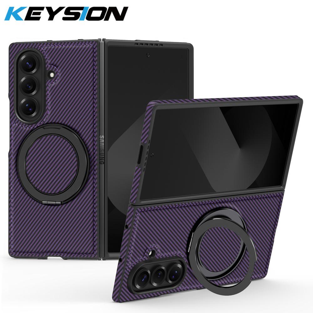 KEYSION Kevlar Carbon Fiber Texture Case for MagSafe for Samsung Galaxy Z Fold 7 6 5 4 3 360° Rotating Magnetic Ring Stand Phone Cover
